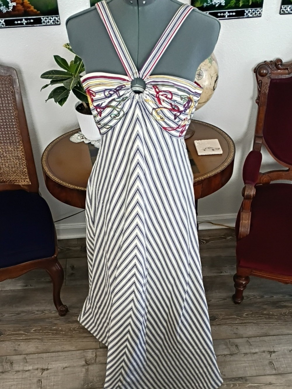 1970s Blue And White Striped Maxi Dress Size 12